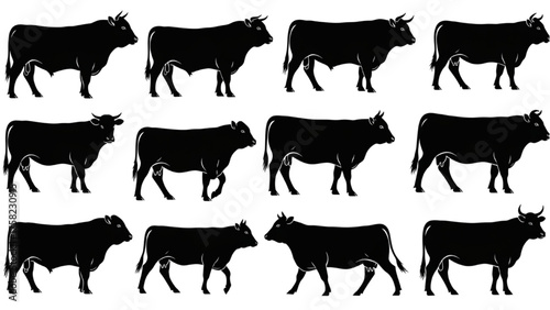 Silhouette of cattle, farm animals in black and white arrangement