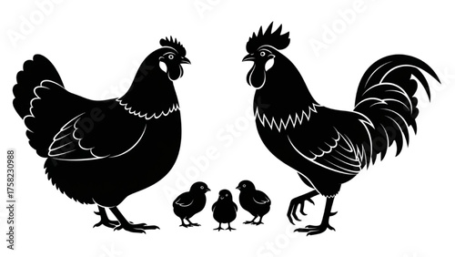 Silhouette of a Rooster and Hen with Chickens