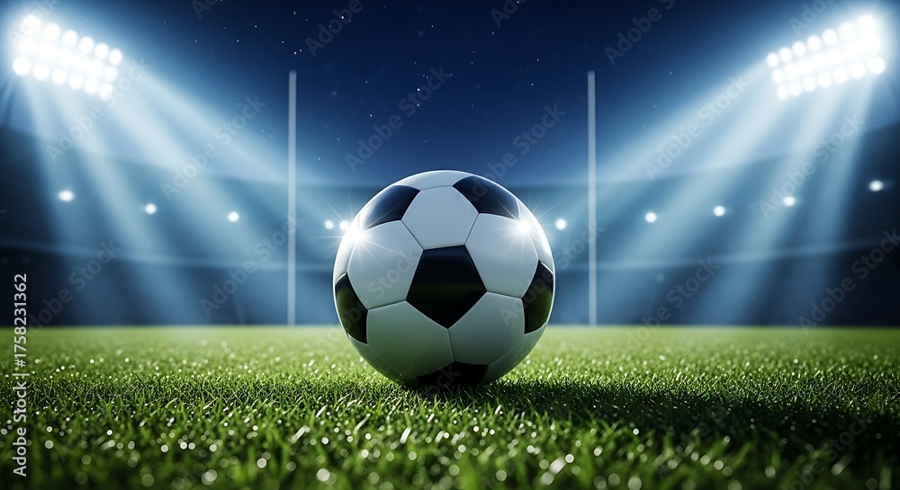 Naklejka premium A dynamic shot of a soccer ball placed on a lush green field illuminated by dramatic stadium floodlights against a dark blue night sky