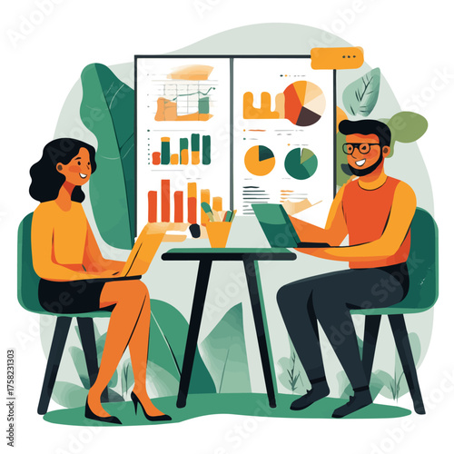 Teamwork illustration with people communicating via charts, flat style, white background. 

