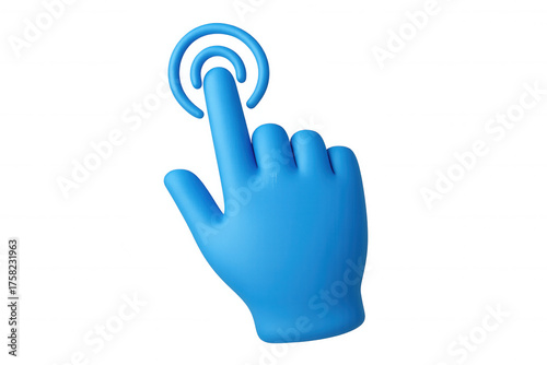 Blue 3d hand cursor icon tapping or clicking digital interface, interacting with screen, transparent background