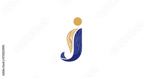 Stylized j logo Features a patterned golden element next to the letters blue wavedetailed main body and a gold dot as the tittle