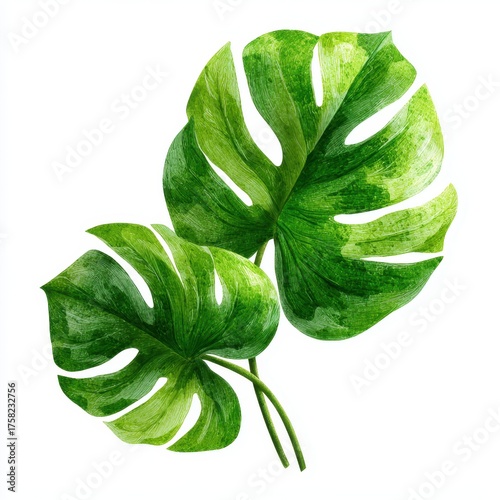 Watercolor Illustration of Two Lush Green Monstera Leaves, Isolated on White Background.