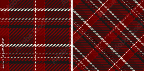 Seamless plaid patterns feature classic Scottish tartan designs in festive red and white hues.  Ideal for backgrounds, textiles, fashion or holidaythemed designs.