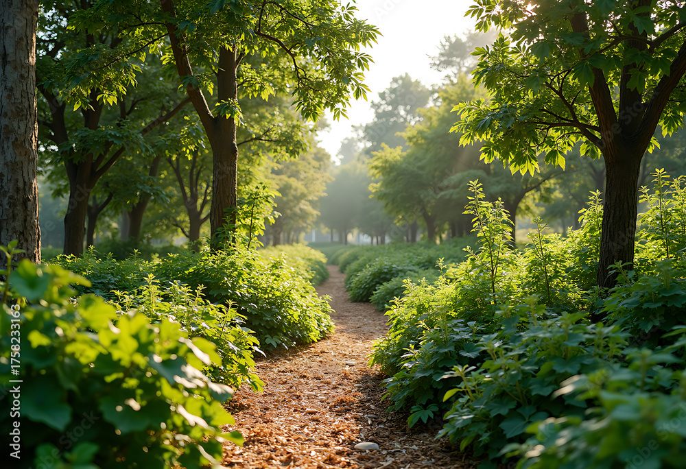 Obraz premium Sun Dappled Woodland Path Golden Light Filtering Through Green Leaves