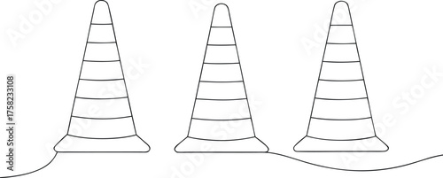 Three black outline traffic cones on wavy ground safety cone