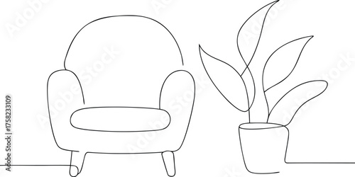 Single line drawing of armchair and potted plant furniture