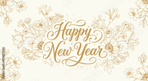 Golden floral line art framing elegant script text Happy New Year on cream background flowers