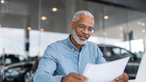 Male customer examines important papers at a car dealership while considering a purchase