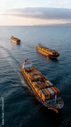 Cargo ships crossing ocean at sunset with shipping containers