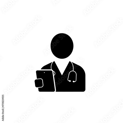 Black silhouette icon of a doctor or medical professional with a stethoscope holding a clipboard on a white background.