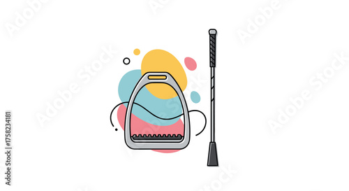 An illustration of a riding stirrup and a whip with abstract colorful shapes in the background.