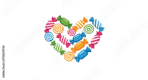A vibrant heart shape formed by a colorful assortment of wrapped and swirled candies.