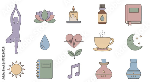 Vector set of wellness and self care icons including yoga pose silhouette meditation lotus essential oil candle tea cup book sleep mask heart pulse water drop leaf sprout sun moon music note journal a