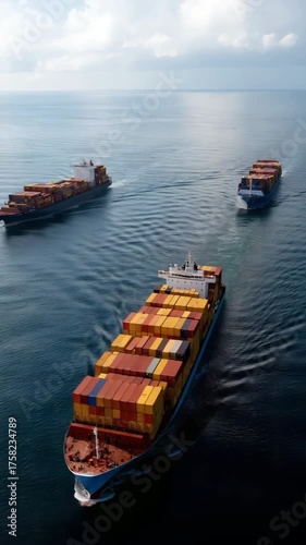 Cargo ships navigating calm ocean waters with containers