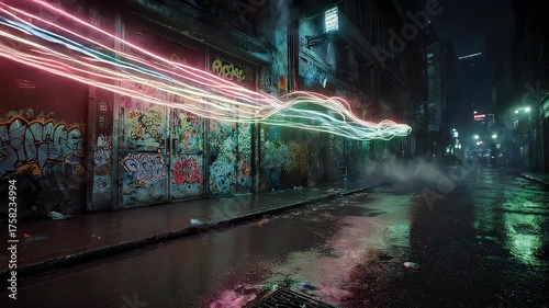 Grungy alleyway with graffiti, rain, and glowing energy streaks