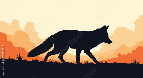 A solitary fox walks across a desolate landscape at sunset.