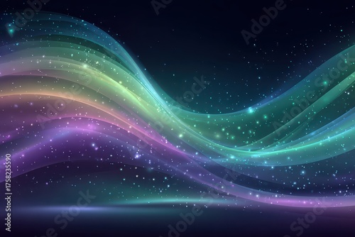 Abstract light streak design in purple, green, blue gradient with stars. Great for background or overlay to add a magical, cosmic effect.