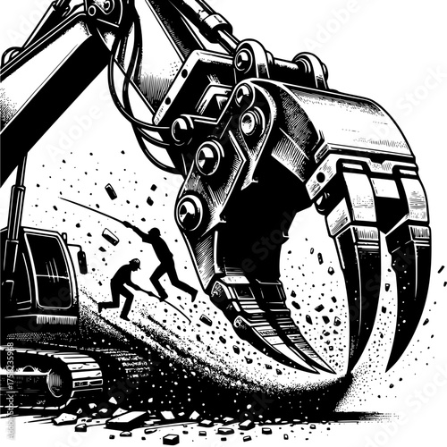 Construction Predicament: Capturing the intense moment as a construction claw hovers, hinting at an impending event, with workers scrambling in a dramatic scenario.