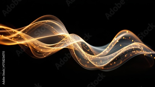 Golden light streams and dots on a smoky black background. Use for data flow, energy, or any abstract design concept.