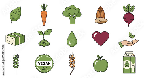 Vector set of vegan and plant based icons including leaf carrot broccoli almond beetroot tofu sprout fruit bunch water drop heart hand holding leaf wheat apple vegan badge and milk alternative carton 