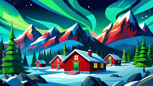 Very beautiful northern lights dancing over red cabins in Alaska’s snowy mountains, illuminating the night sky with green and purple hues, creating a magical winter scene full of peace and natural won