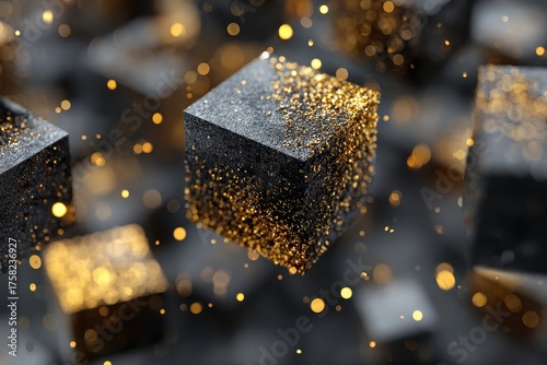 Floating black cubes covered with sparkling golden glitter dust. Use it to illustrate luxury, celebration, or exclusive concepts.