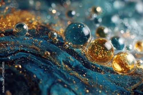 Luxury teal liquid with golden dusts, and several shiny glass spheres. Great for backgrounds showing opulence, clean technology, and chemistry.
