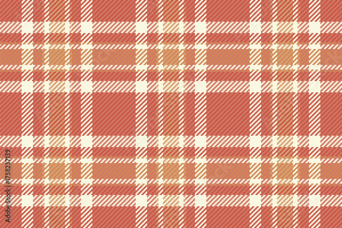 Warm, inviting tartan pattern in coral, orange, and cream. Evokes cozy textures and classic style. Ideal for backgrounds, apparel design, and autumnal themes.