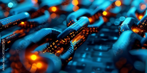 Abstract digital network of glowing interconnected chains, representing technology and data flow.