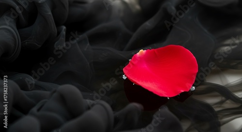 Vibrant Red Rose Petal Floating in Dark Ink Cloud