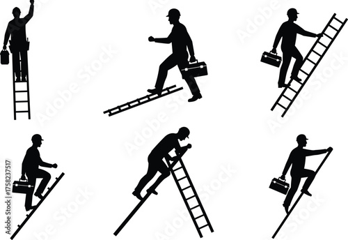 Silhouette workers climbing ladders with toolboxes, construction safety teamwork vector illustration showing balance, posture, industry labor, ergonomic workplace design concept