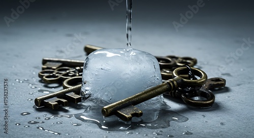 Vintage Keys Frozen in Ice with Melting Water