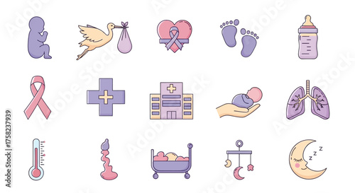 Vector set of infant and baby care awareness icons including silhouette stork heart footprints pacifier bottle medical cross ribbon hospital hand holding baby lungs thermometer cradle mobile and moon 