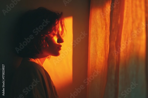 Dreamy soft light shadow of a human form behind translucent curtain, warm sunlight diffused through fabric creating artistic and minimal mood, large blank wall area ideal for text or design layout.