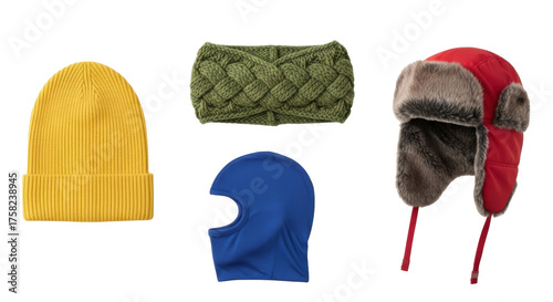 Isolated cold weather headwear collection featuring beanie, knitted headband, balaclava, trapper hat