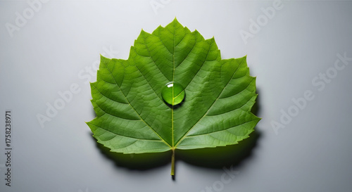 Stunning green leaf with a glistening water droplet symbolizes freshness, purity and nature's renewal