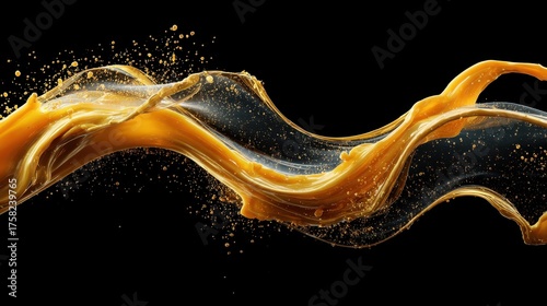 Golden liquid swirls across black, creating a dynamic abstract flow. Great for luxury brands, honey products, or modern art concepts.