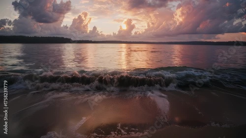 Sunset over water with waves crashing on beach under colorful clouds