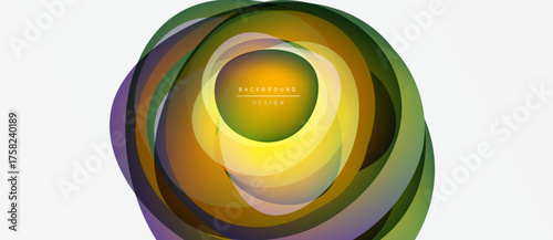 Abstract circular layers, vibrant colors blend. Yellow center radiates outward, creating dynamic visual effect. Modern design element.