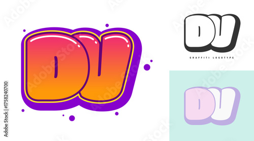 DV logo design for festival or party. Initial letter d and v in graffiti style. Creative modern lettering company name of font typography. Kids trendy logotype or identity.