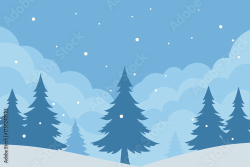 Serene winter landscape with snowing evergreen trees and cloudy sky