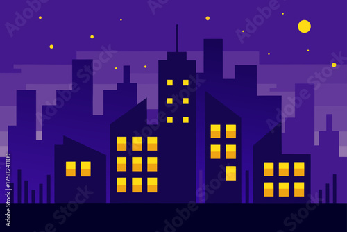 Flat design cityscape at night with yellow lit windows and stars