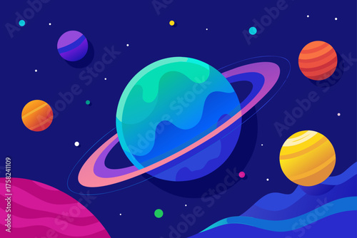 Vibrant planets and rings in a stylized cosmic landscape
