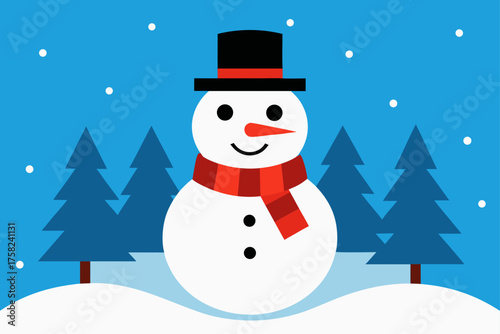 Happy snowman in a winter wonderland with snow falling