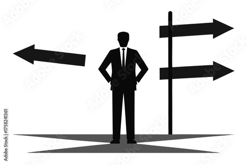 Businessman silhouette facing a signpost with three directional arrows