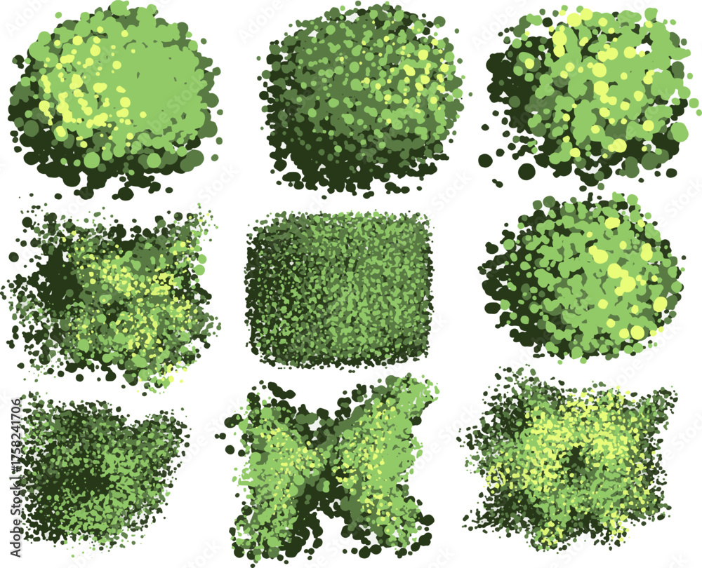 Φωτογραφία A set of nine top-down illustrations of green foliage, including trees, bushes, and a hedge shape, rendered using a pointillist or stippled style with various shades of green dots