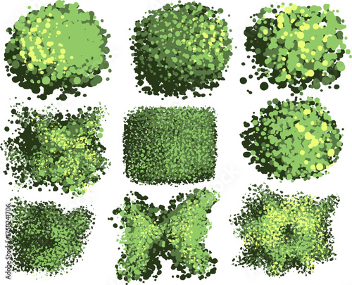 A set of nine top-down illustrations of green foliage, including trees, bushes, and a hedge shape, rendered using a pointillist or stippled style with various shades of green dots. They are presented 