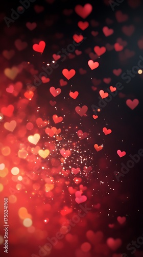 Floating red hearts and sparkles on a dark background, romantic valentine's day design