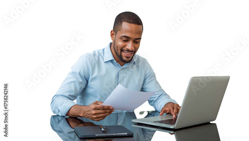 young businessman happily reviewing documents while typing on his laptop, working diligently at a sleek desk, perfect for professional, business, and educational themes with a transparent background